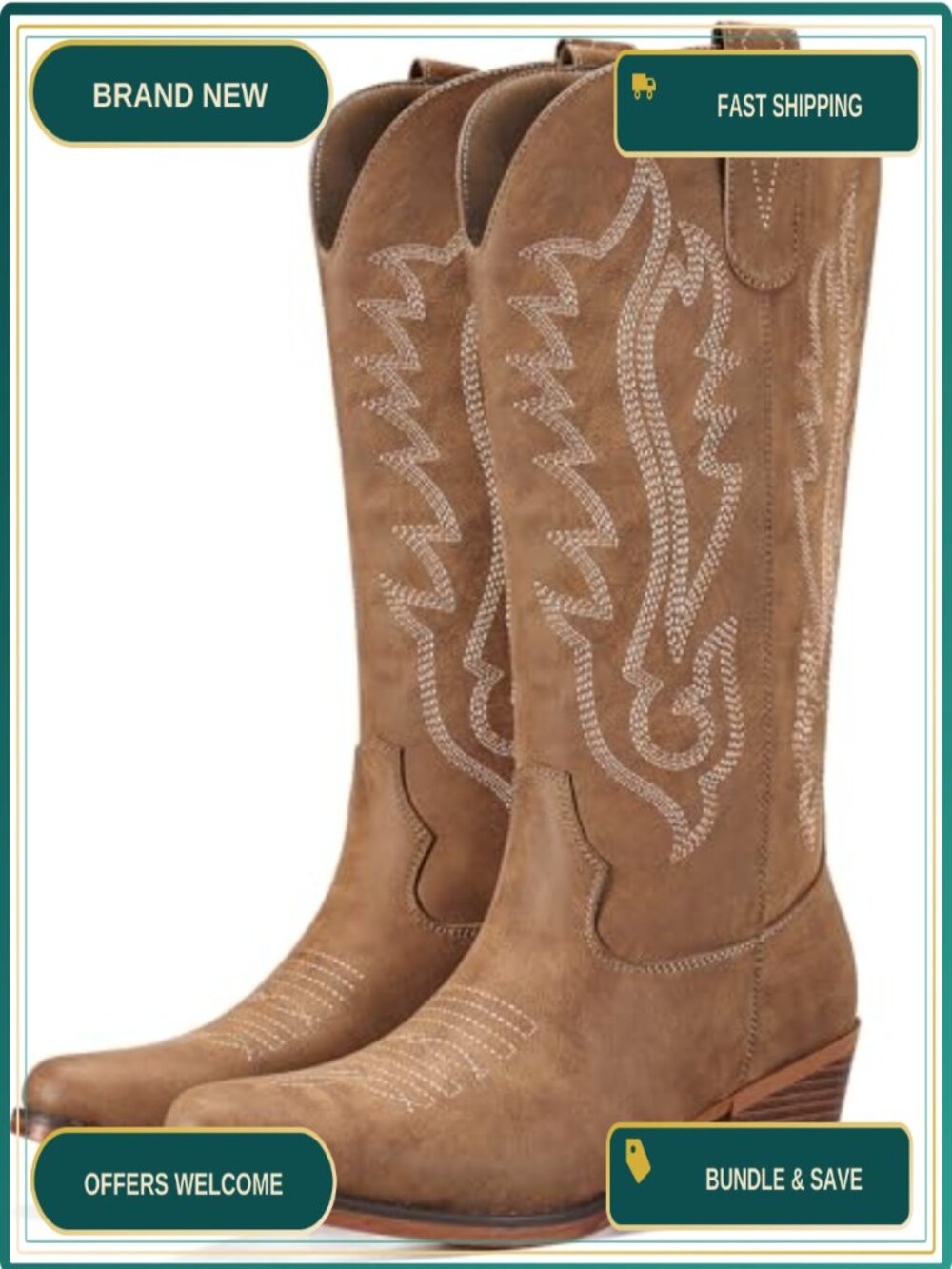 Snip Toe Mid Calf Cowboy Boots Chunky Cuban Heel Side Zip Pull Strap Women's